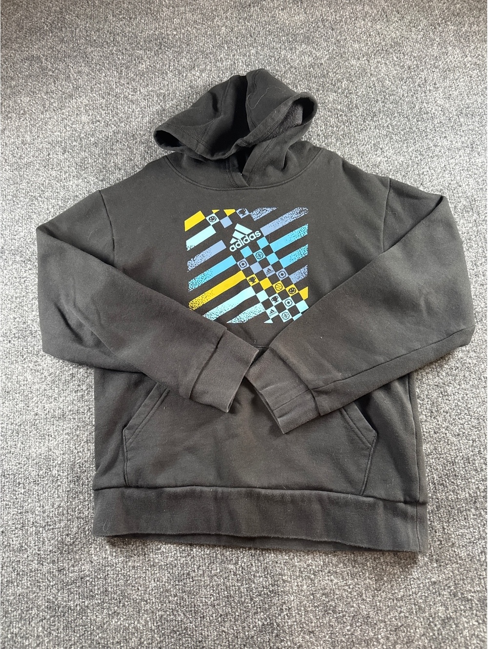 Adidas Girls Medium 10/12 Gray Pullover Hoodie Multicolor Geometric Logo